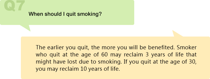 When should I quit smoking?
The earlier you quit, the more you will be benefited. Smoker who quit at the age of 60 may reclaim 3 years of life that might have lost due to smoking. If you quit at the age of 30, you may reclaim 10 years of life.